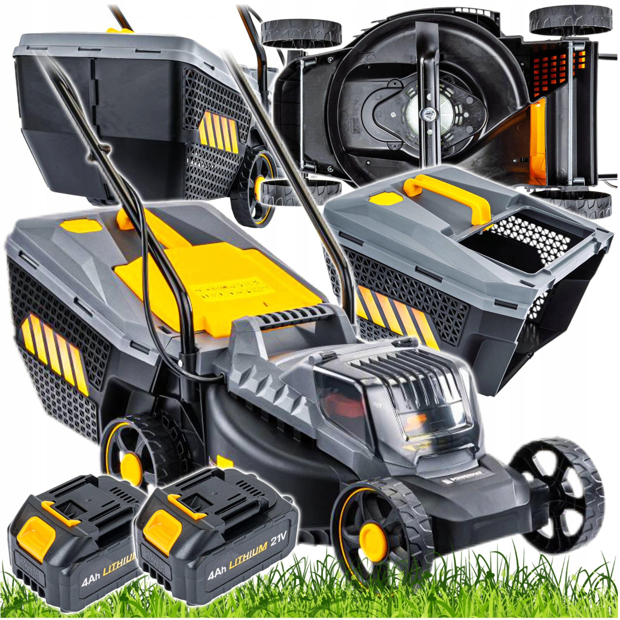 BATTERY MOWER 21V 4AH CHARGER 2X BATTERY STRONG LIGHT BASKET 30L
