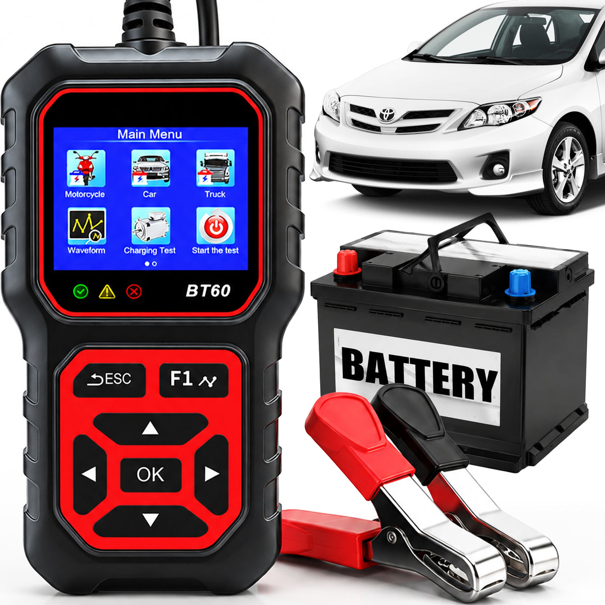 BATTERY TESTER 6V 12V 24V MOTORCYCLE CAR BUS POLISH MENU + CABLE