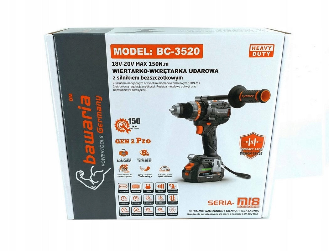 BAWARIA 3520 DRILL DRIVER WITH BRUSHLESS IMPACT 150NM STRONGEST Packaging status original