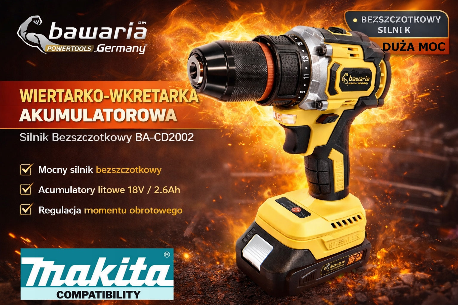 BAWARIA CD2002 SCREWDRIVER 2x18V BRUSHLESS 50NM + fits Makita Packaging status original