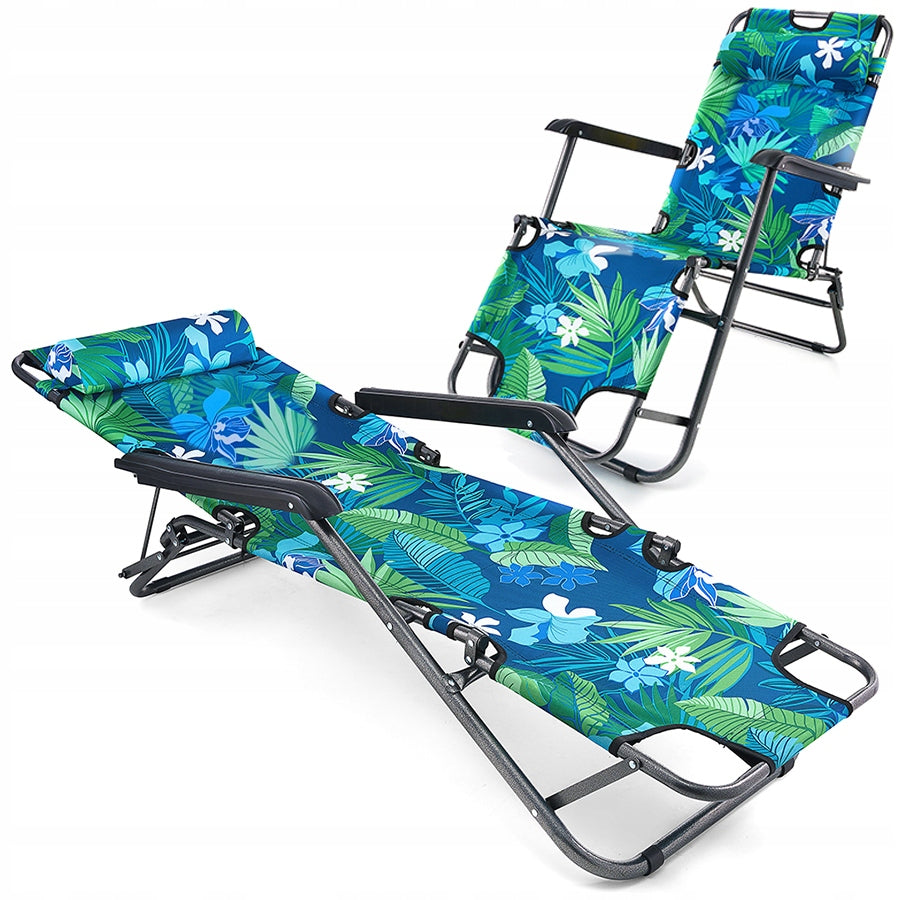 BEACH CHAIR GARDEN CHAIR SOPRATO FOLDING HAWAIIAN FLOWERS 2IN1 GREEN Model L02 leżak plażowy ogrodowy leżanka 2