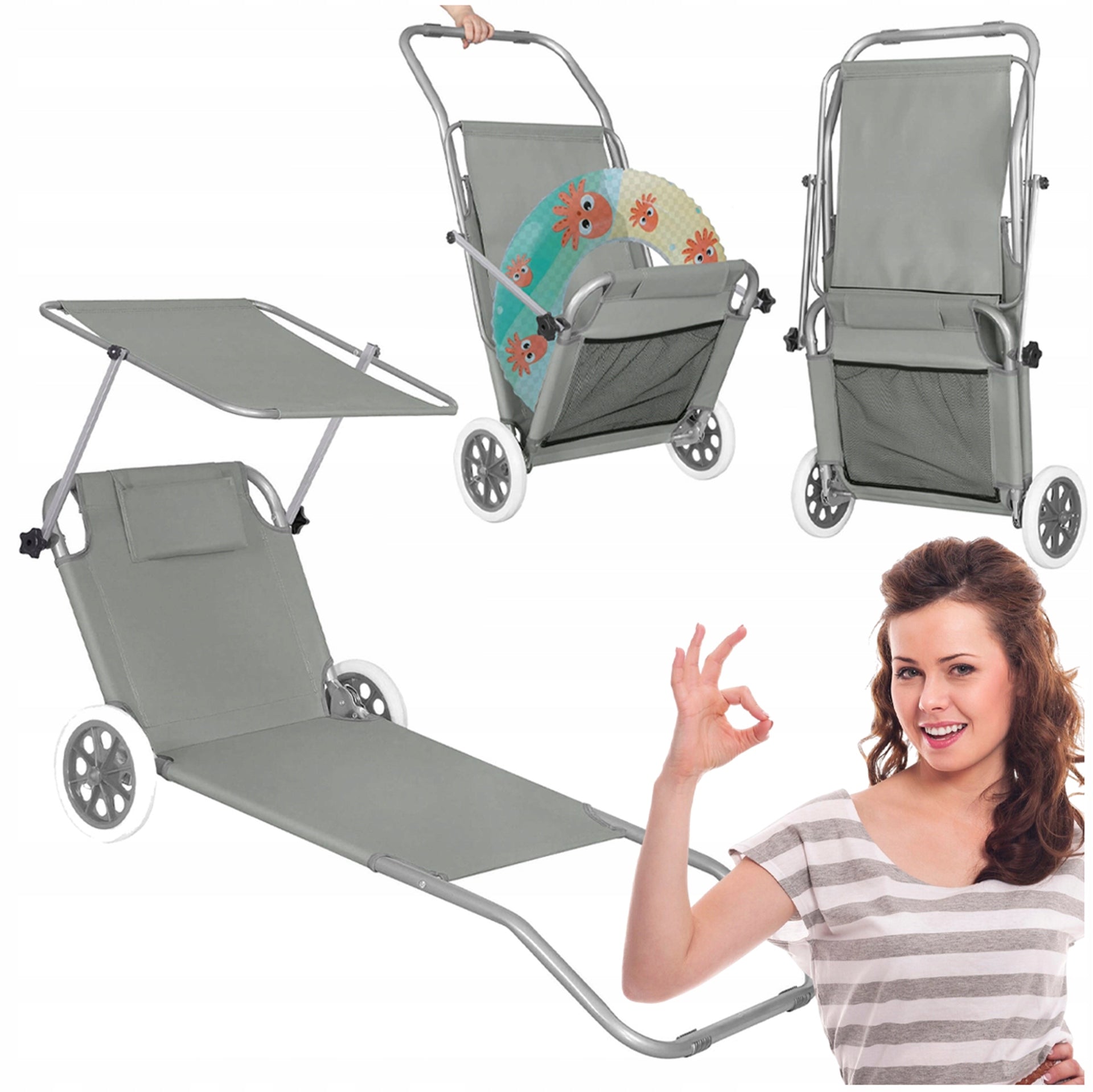BEACH CHAIR ON WHEELS GARDEN COUCH ADJUSTABLE CANOPY Packaging status original