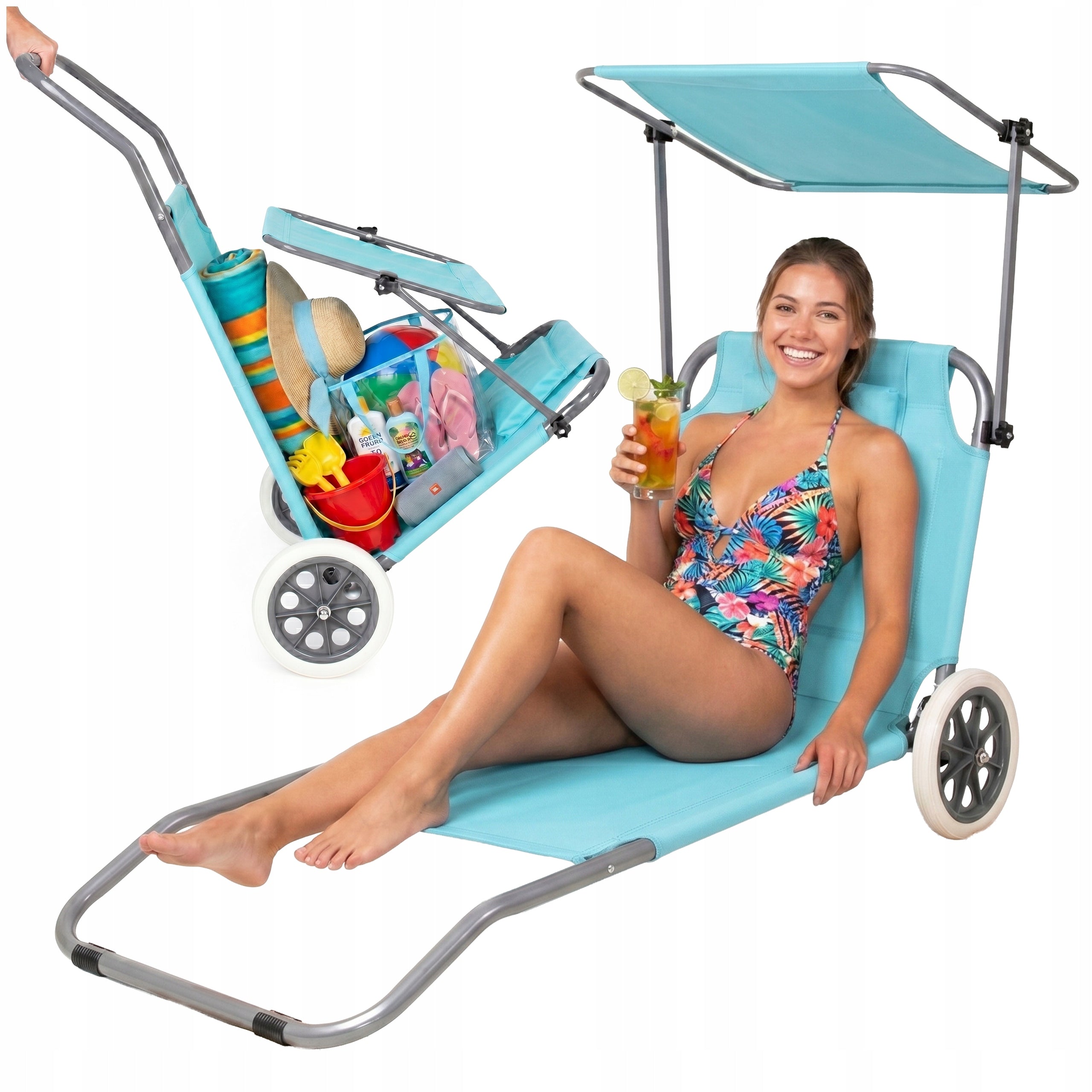 BEACH CHAIR TOURIST GARDEN FOLDING COUCH ON WHEELS WITH VISOR