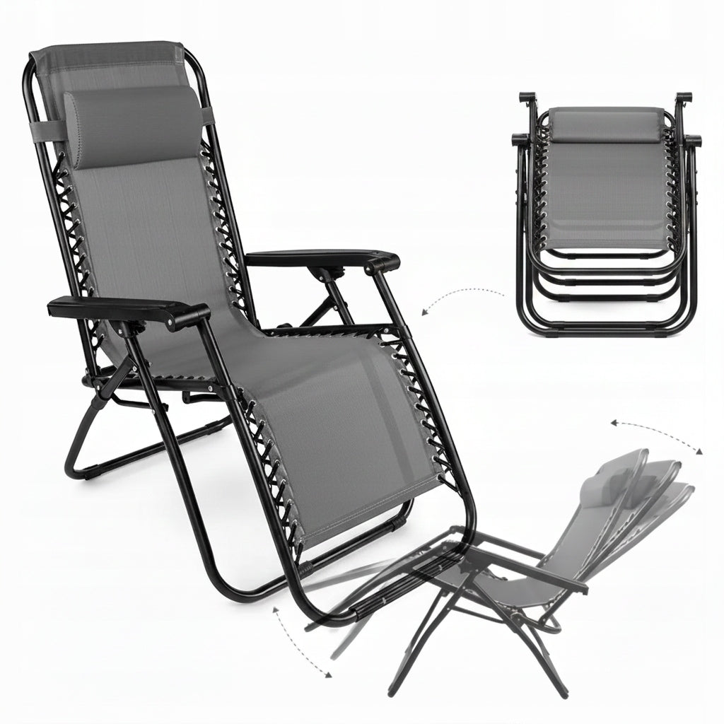 BEACH CHAIR ZERO GRAVITY - FOLDING CHAIR WITH PILLOW - GREY