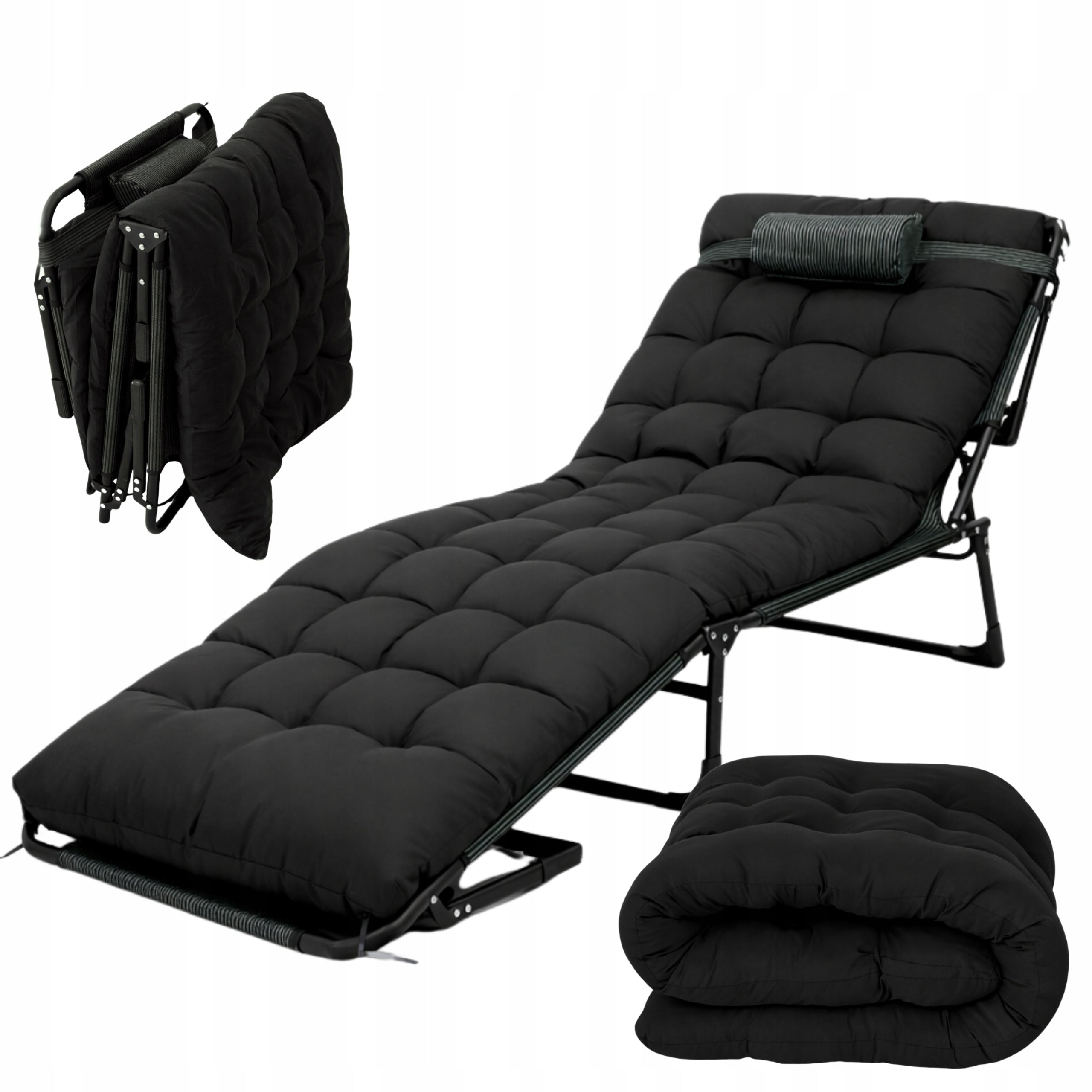 BEACH HIKING SUN LOUNGER ADJUSTABLE BLACK + MATTRESS CUSHION