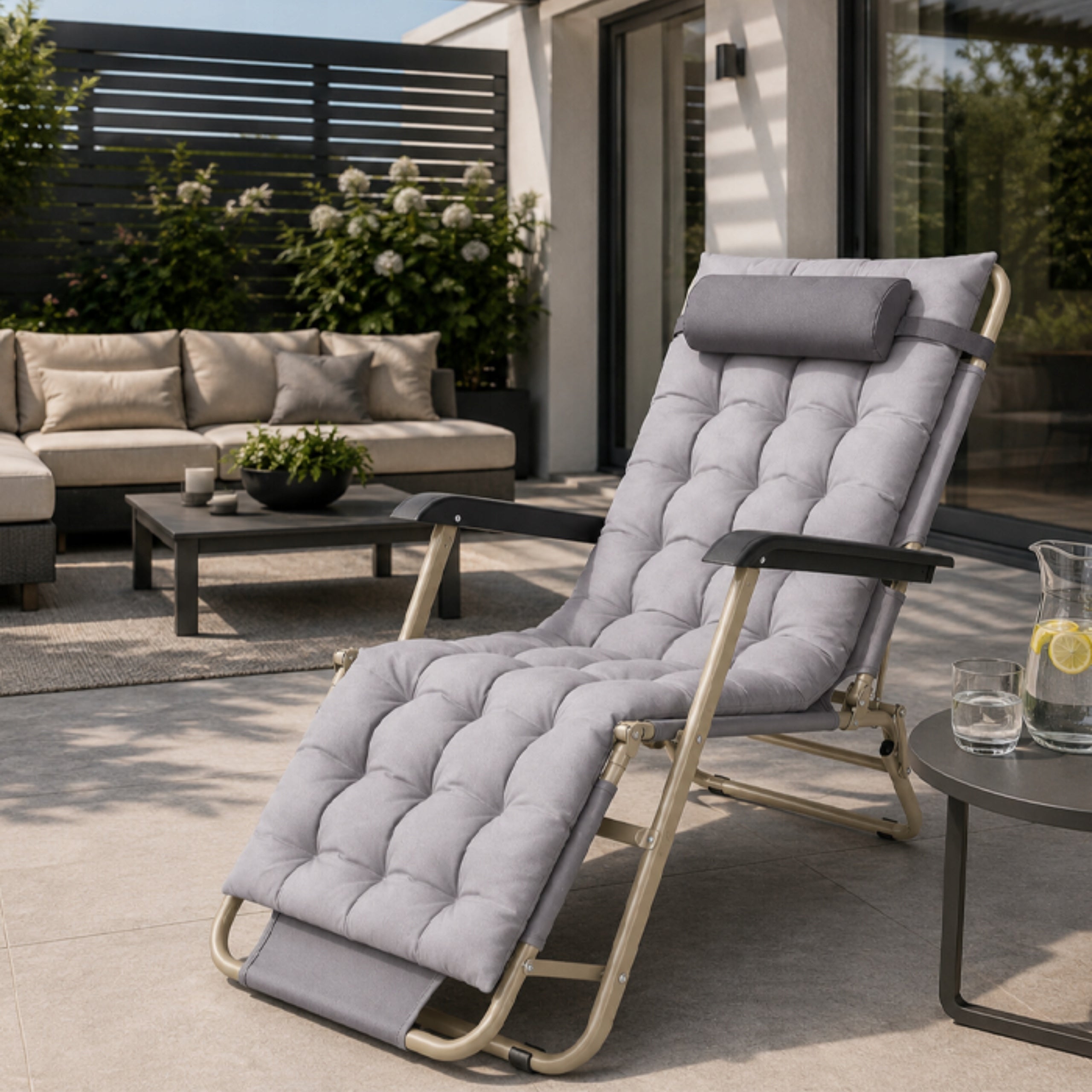 BEACH LOUNGER FOLDING WITH PILLOW COUCH BED ARMCHAIR GREY LARGE Packaging status original