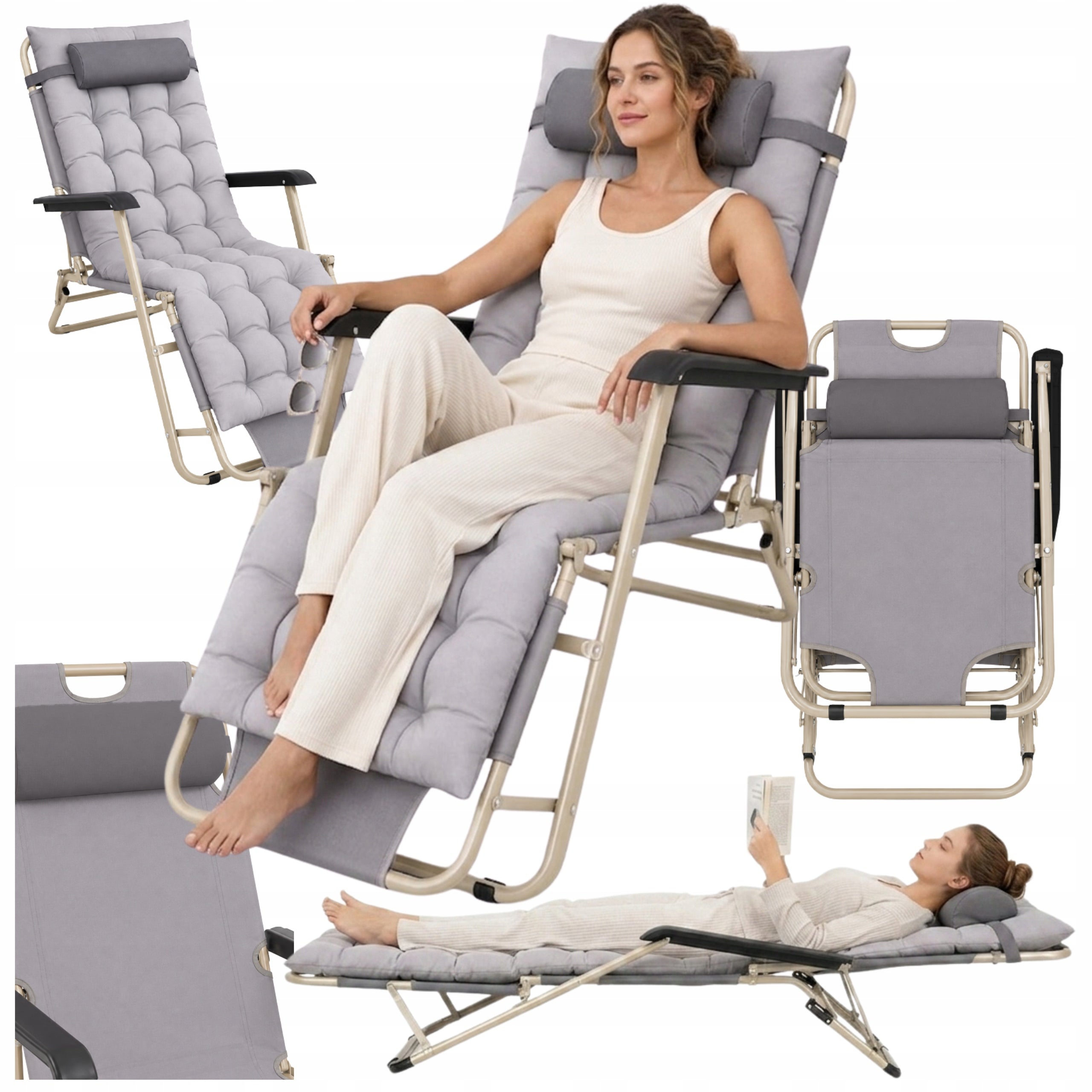 BEACH LOUNGER FOLDING WITH PILLOW COUCH BED ARMCHAIR GREY LARGE