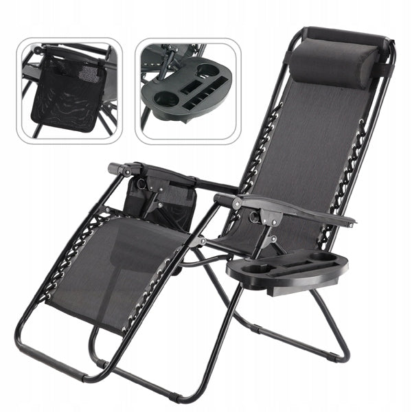 BEACH LOUNGER FOLDING WITH STAND POCKET AND HEADREST BLACK