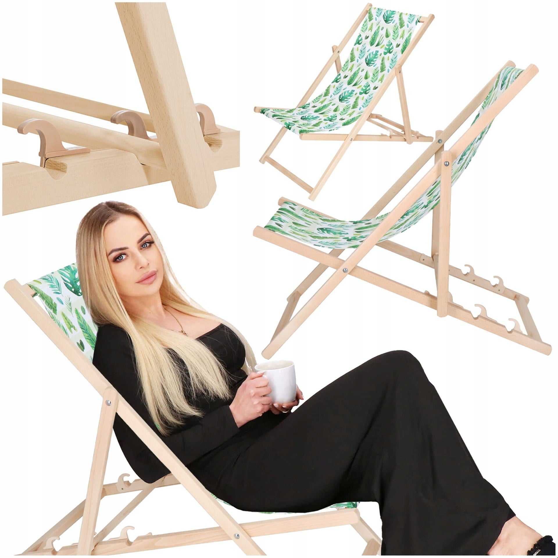 BEACH LOUNGER WOODEN PRODUCT POLISH MANUFACTURER MONSTERA FABRIC FOLDING