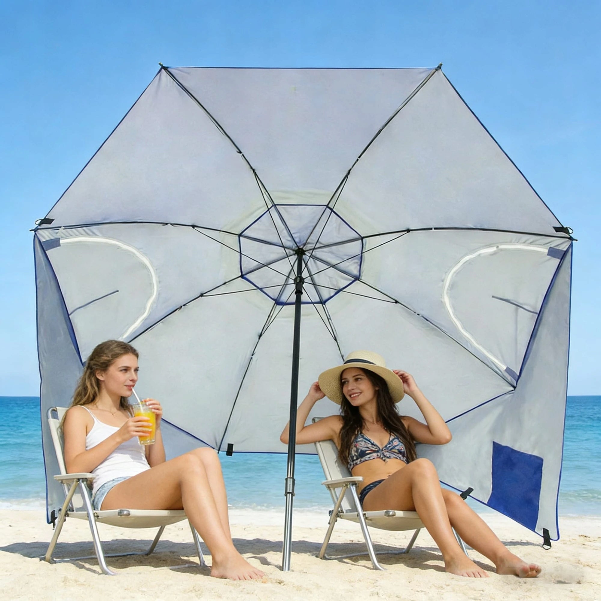 BEACH UMBRELLA 2IN1 TENT WITH COVERS 240cm BEACH OASIS UV50+ BLUE Packaging status original