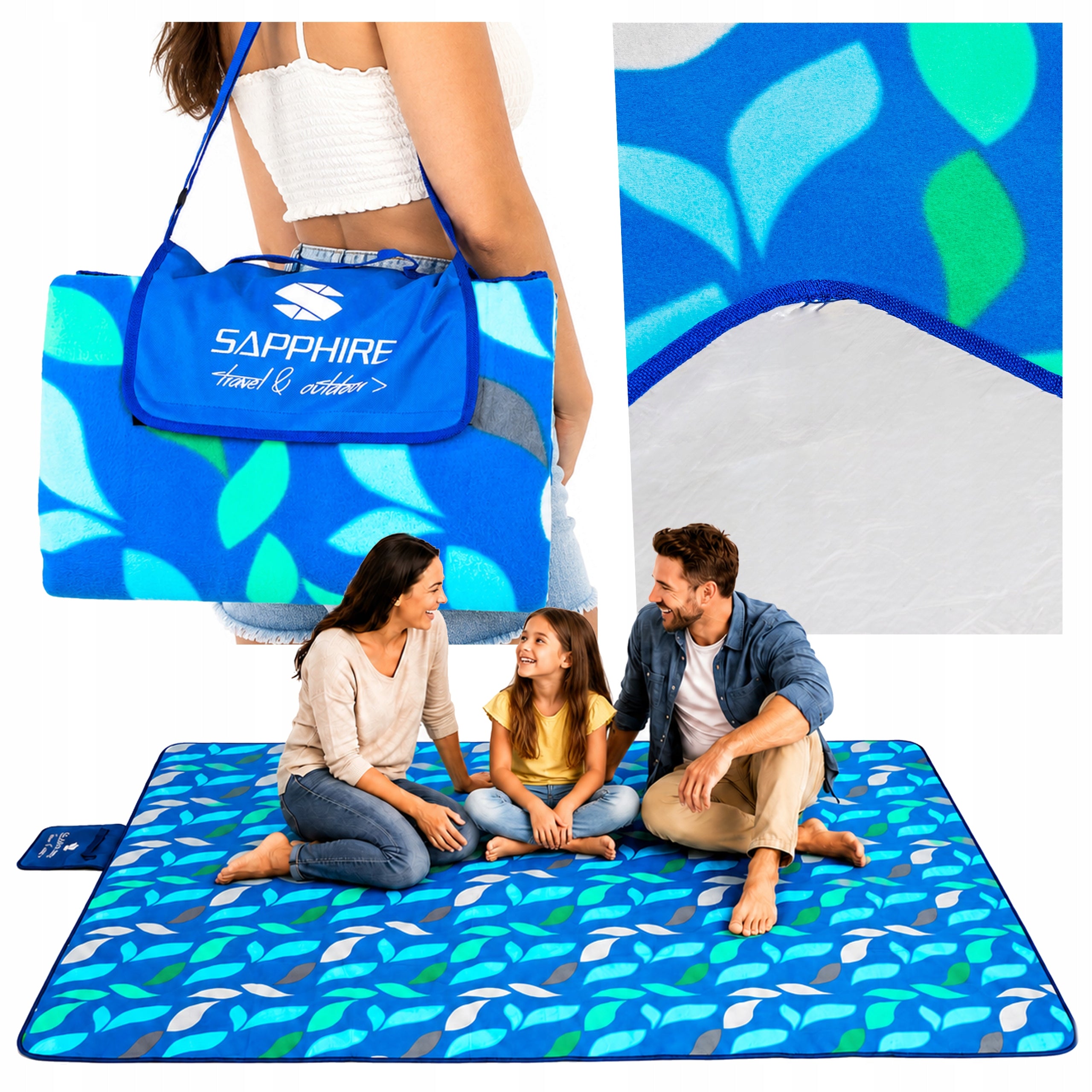BEACH picnic BLANKET 2x2m SAPPHIRE with INSULATION waterproof WITH HANDLE mat
