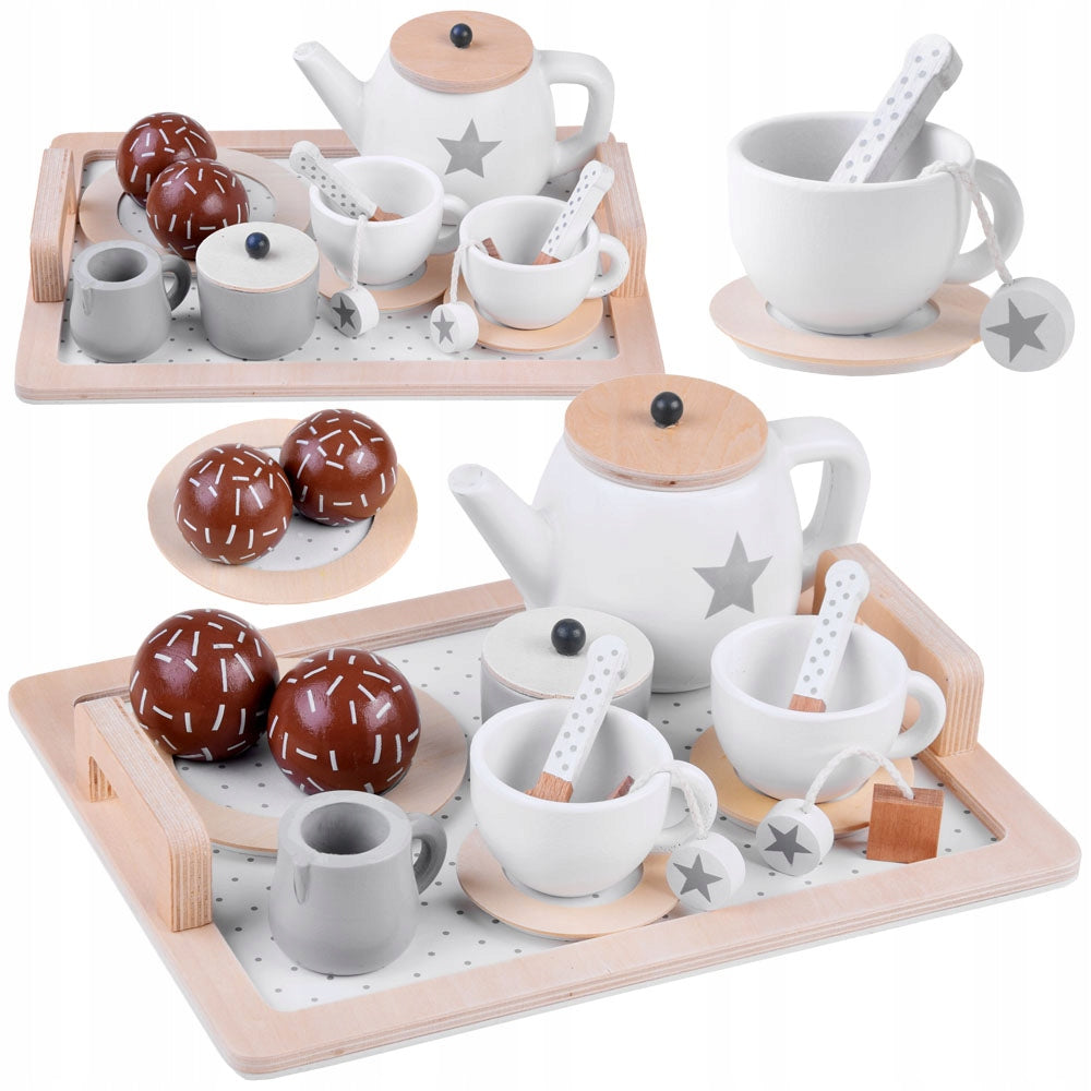 BEIGE Winter Wooden Tea Set with Stars Cups Tray ZA4124