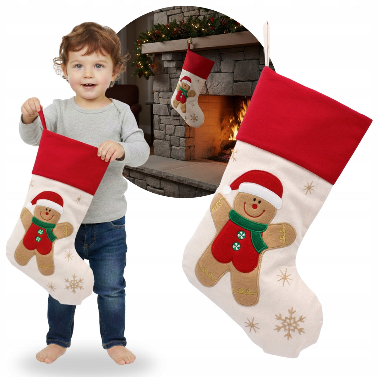 BEIGE, sock for gifts, Santa's CHRISTMAS sock for fireplace 40 cm
