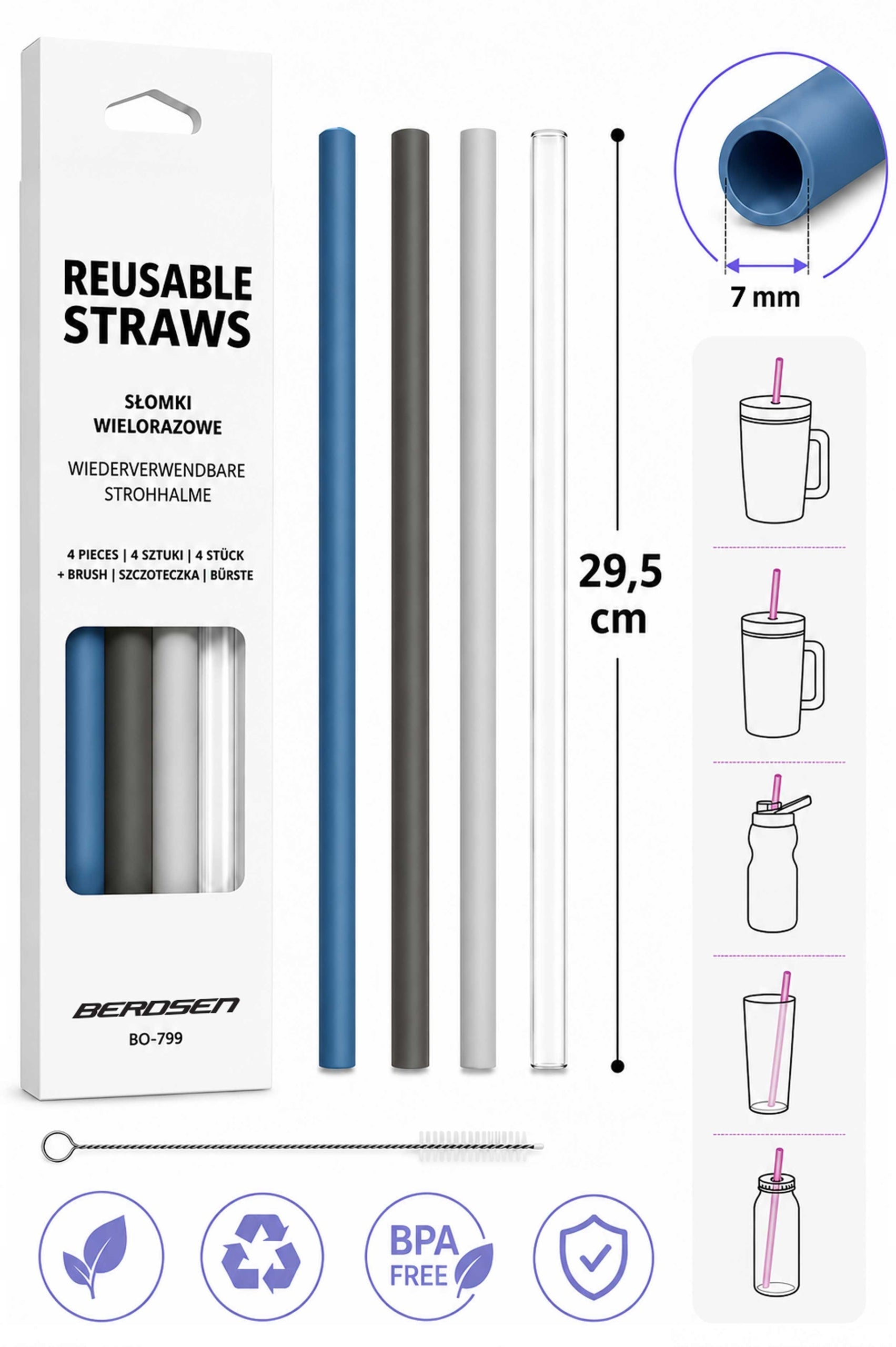 BERDSEN PLASTIC REUSABLE CUP STRAWS SET OF 4 + TOOTHBRUSH Packaging status original