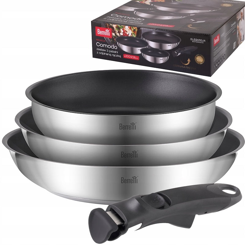 BERRETTI COMODO Pan set 20/24/28 cm with detachable handle + lids EAN (GTIN) 5906574624350