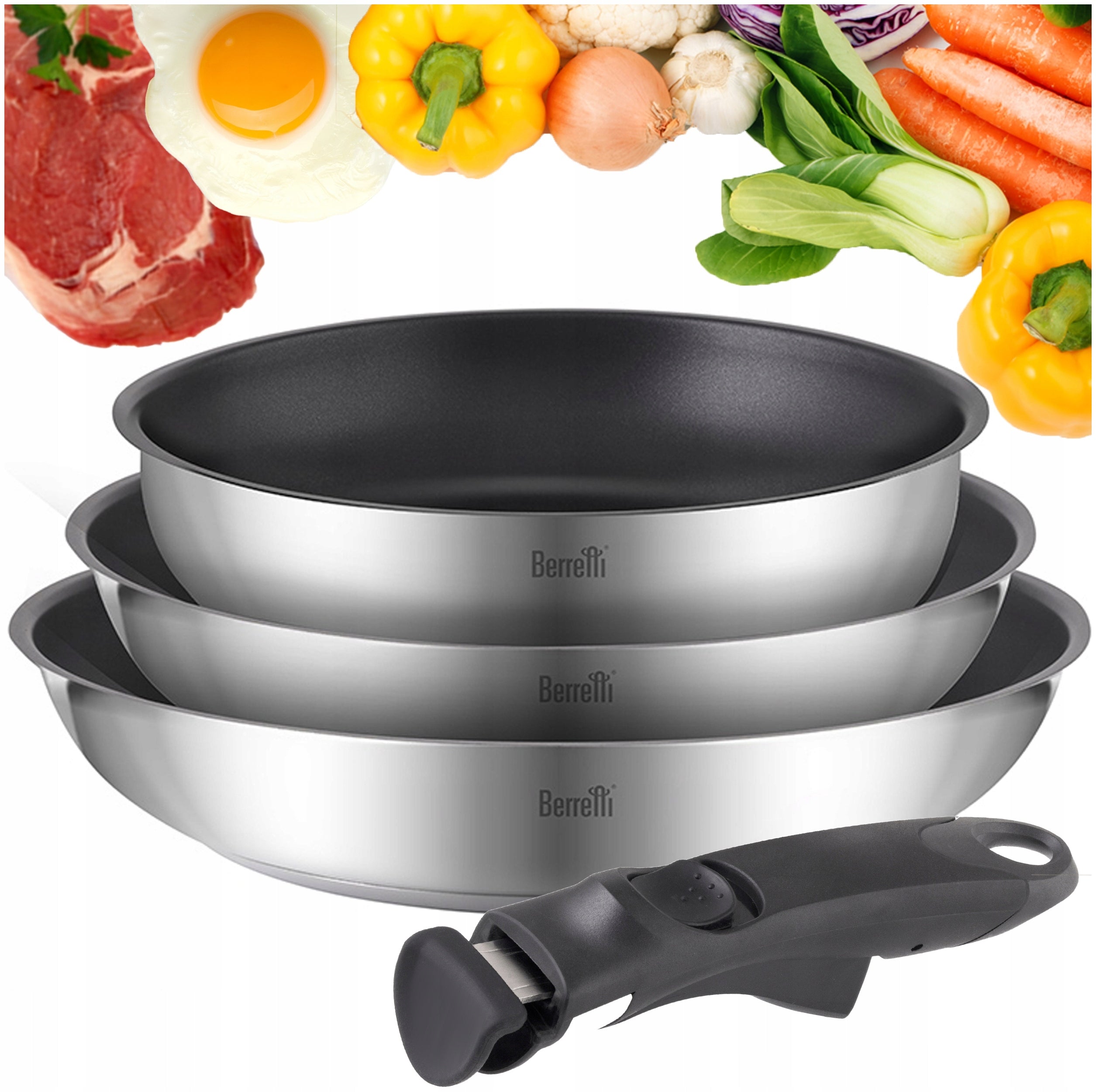 BERRETTI SET OF COMODO STEEL PANS WITH DETACHABLE HANDLE 3el. 20/24/28cm