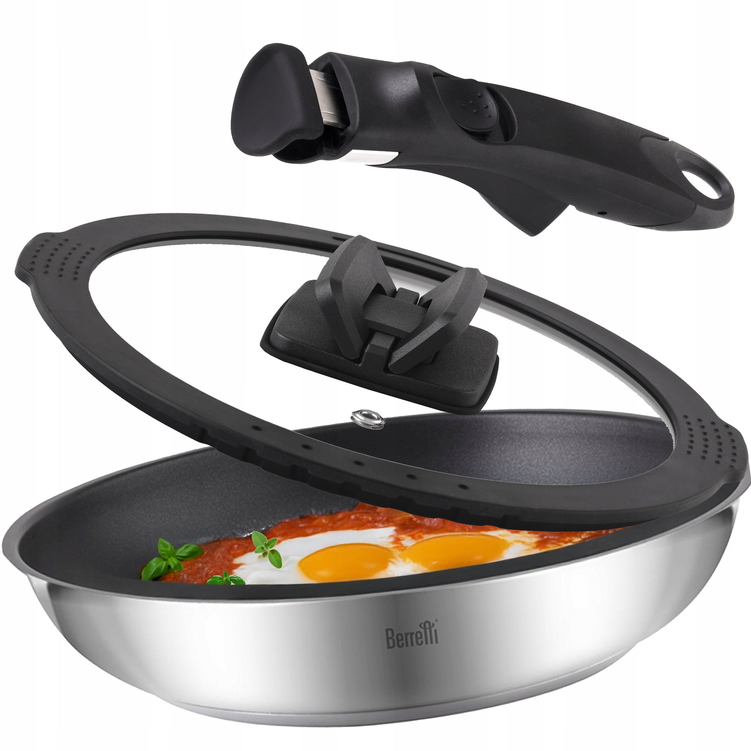BERRETTI SET STEEL PAN WITH GLASS LID AND DETACHABLE HANDLE 22cm