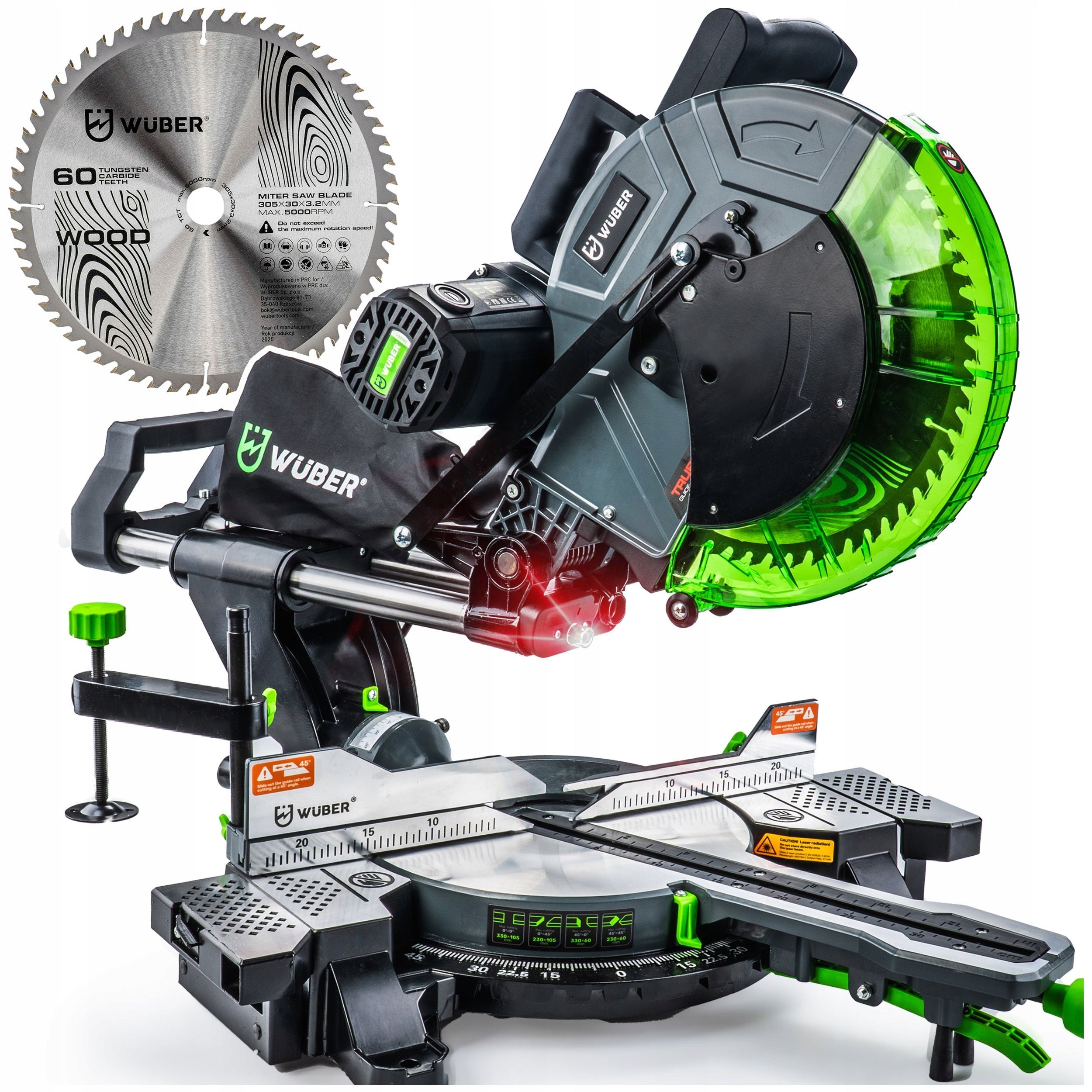 BEVEL SAW WITH FEED SLASH FOR WOOD 2000W + LASER + DISC 305MM 60T