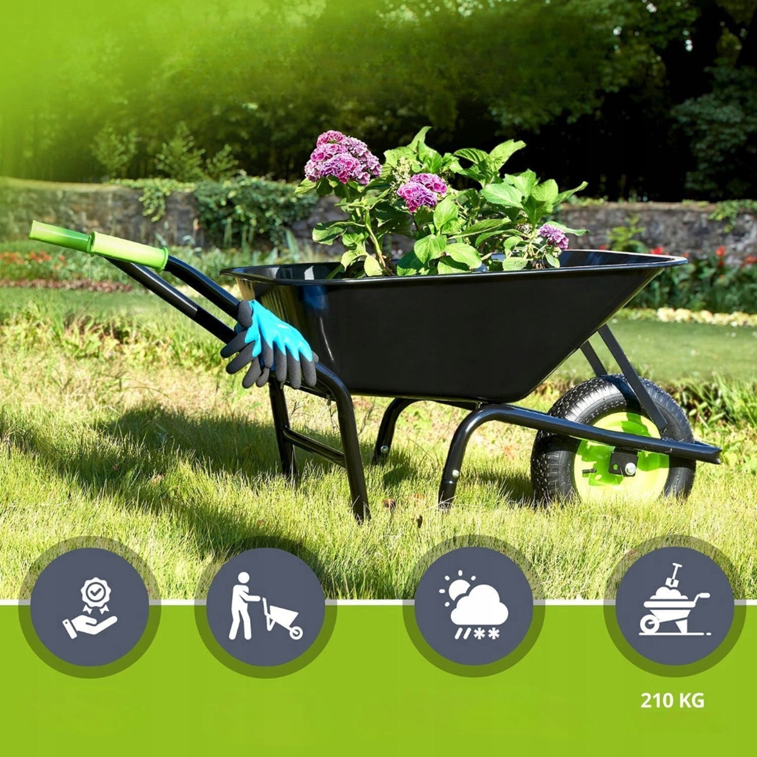 BLACK CONSTRUCTION GARDEN WHEELBARROW 210 KG 100L + WORK GLOVES Brand Juskys