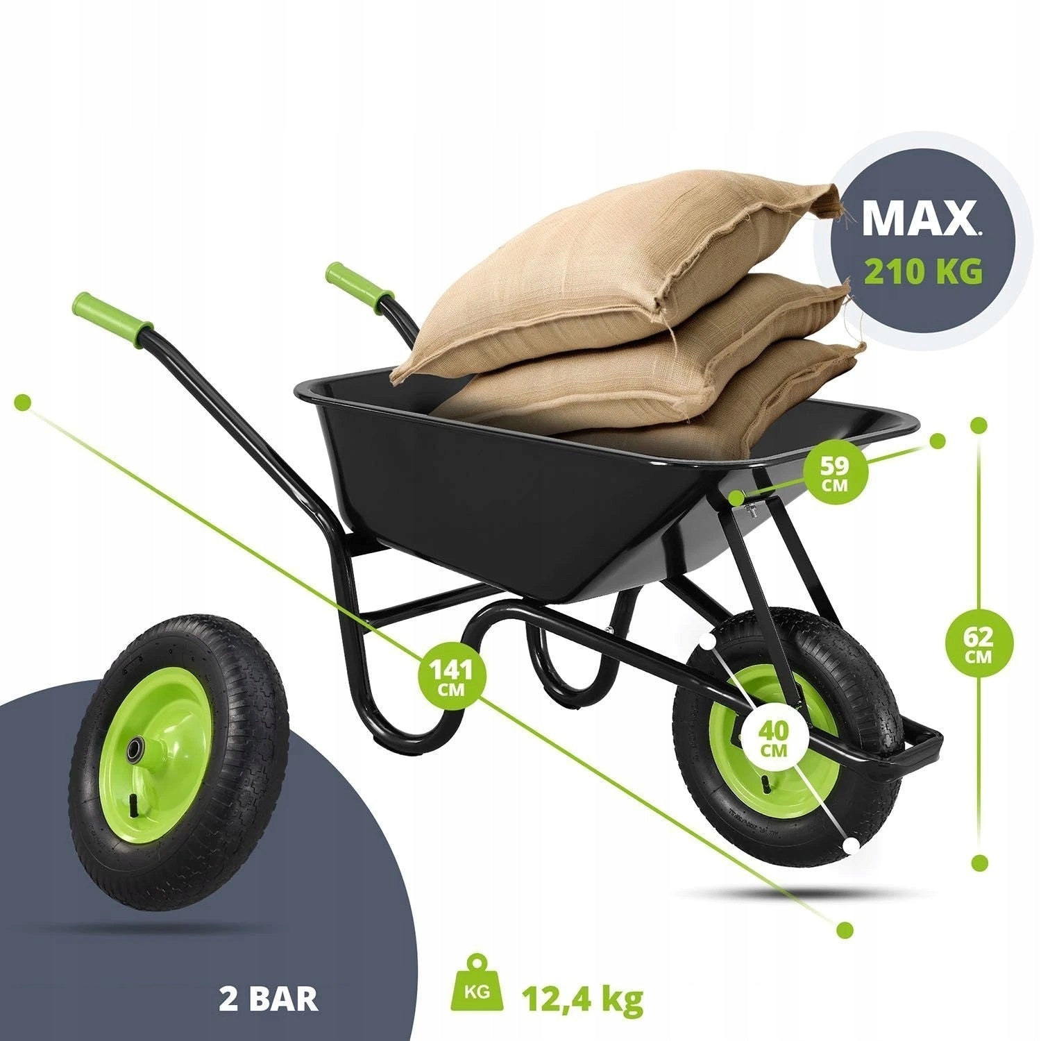 BLACK CONSTRUCTION GARDEN WHEELBARROW 210 KG 100L + WORK GLOVES Manufacturer code 4262437180809