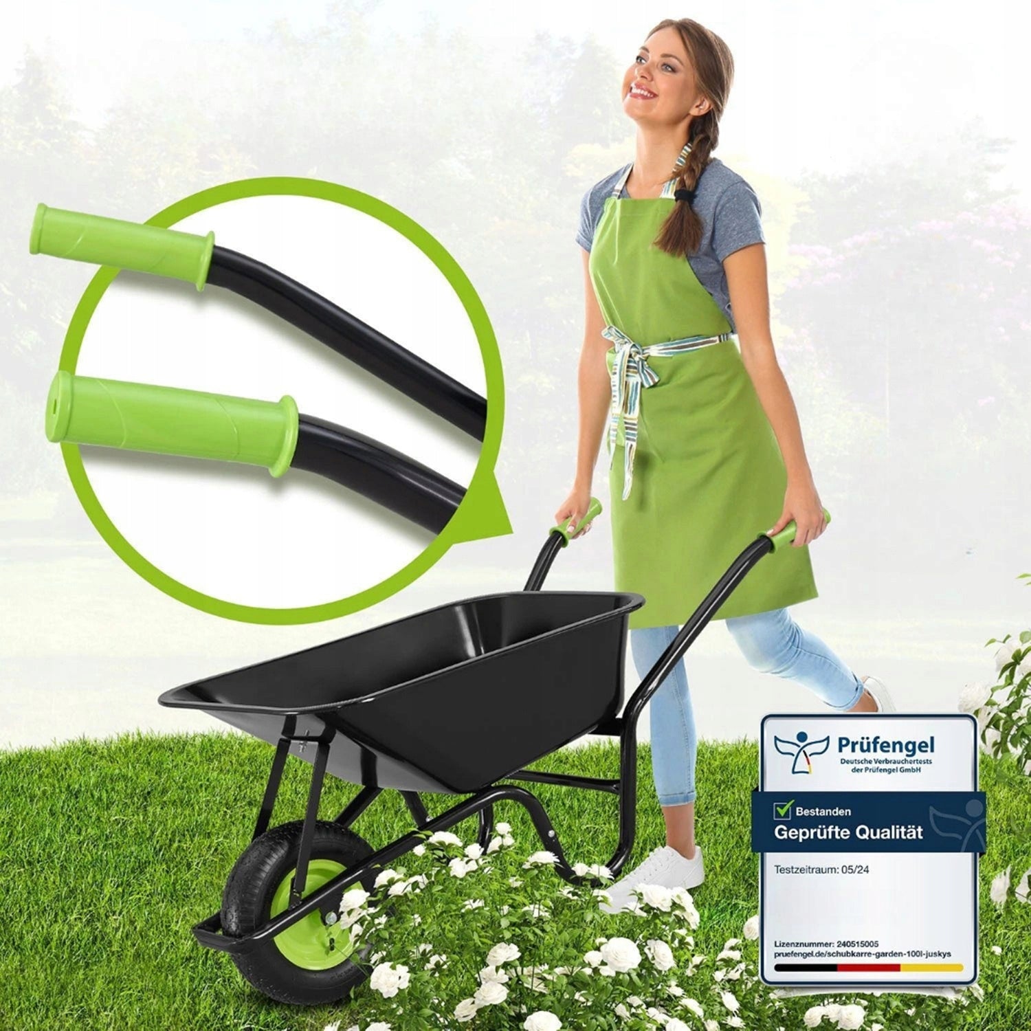 BLACK CONSTRUCTION GARDEN WHEELBARROW 210 KG 100L + WORK GLOVES Packaging status original
