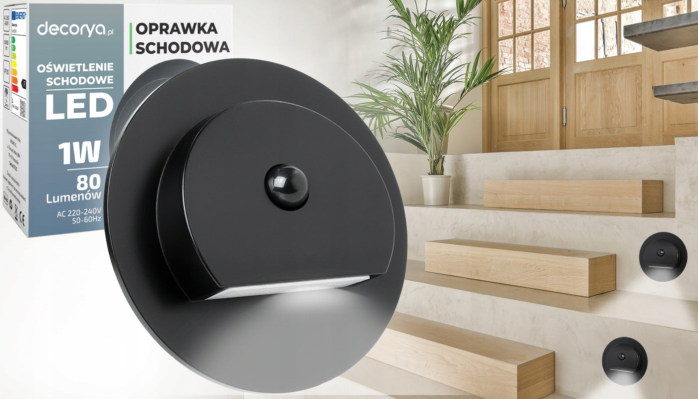 BLACK LED STAIR LIGHT FIXTURE FOR STAIRS DUSK MOTION SENSOR 1W 230V Packaging status original
