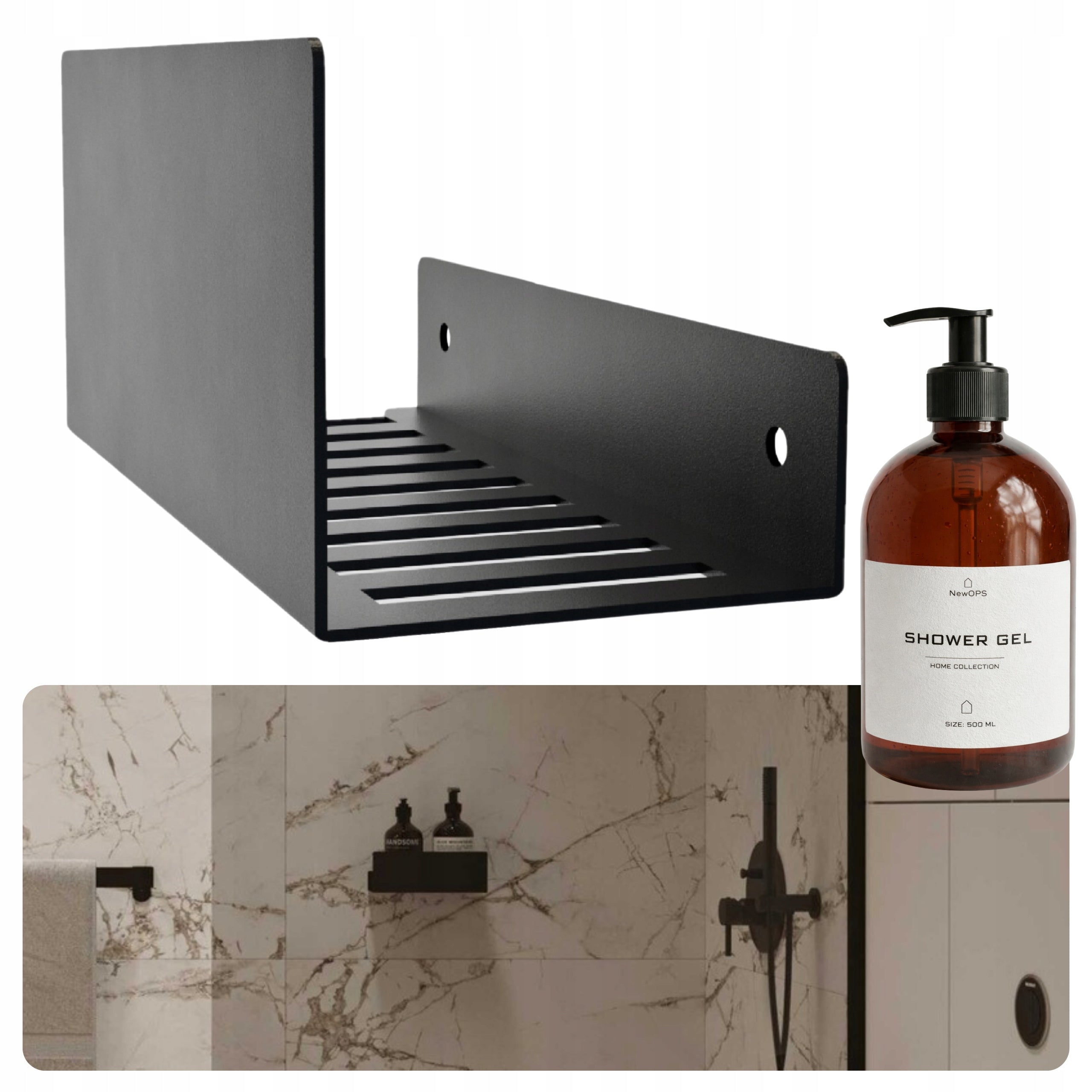 BLACK METAL SHOWER SHELF BATHROOM MODERN 30 cm + DISPENSER