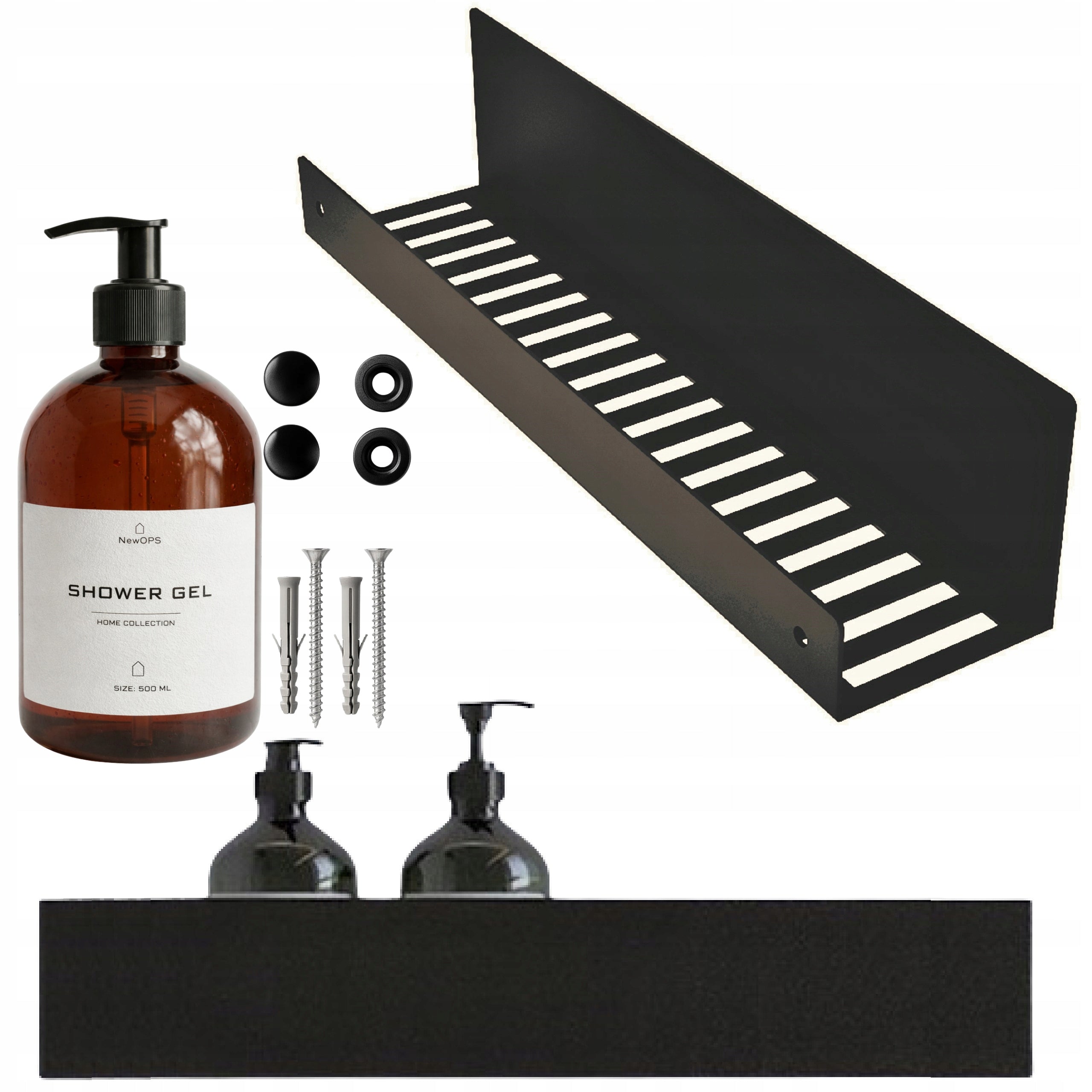 BLACK METAL SHOWER SHELF LINEA LOFT FOR BATHROOM 40 cm + BOTTLE