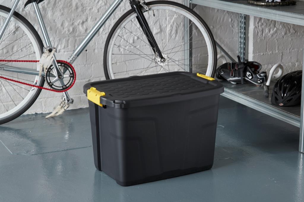 BLACK PLASTIC CONTAINER FOR BASEMENT GARAGE COVERS YELLOW HANDLES 42L Manufacturer code 96937