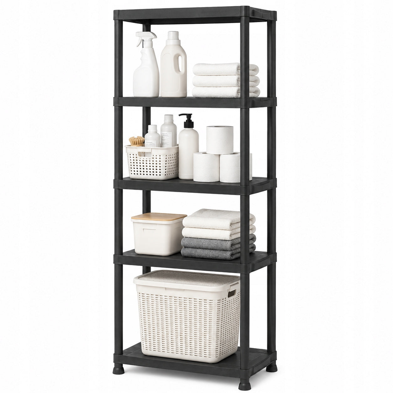 BLACK PLASTIC GARAGE STORAGE RACK FOR OFFICE BASEMENT 5 SHELVES