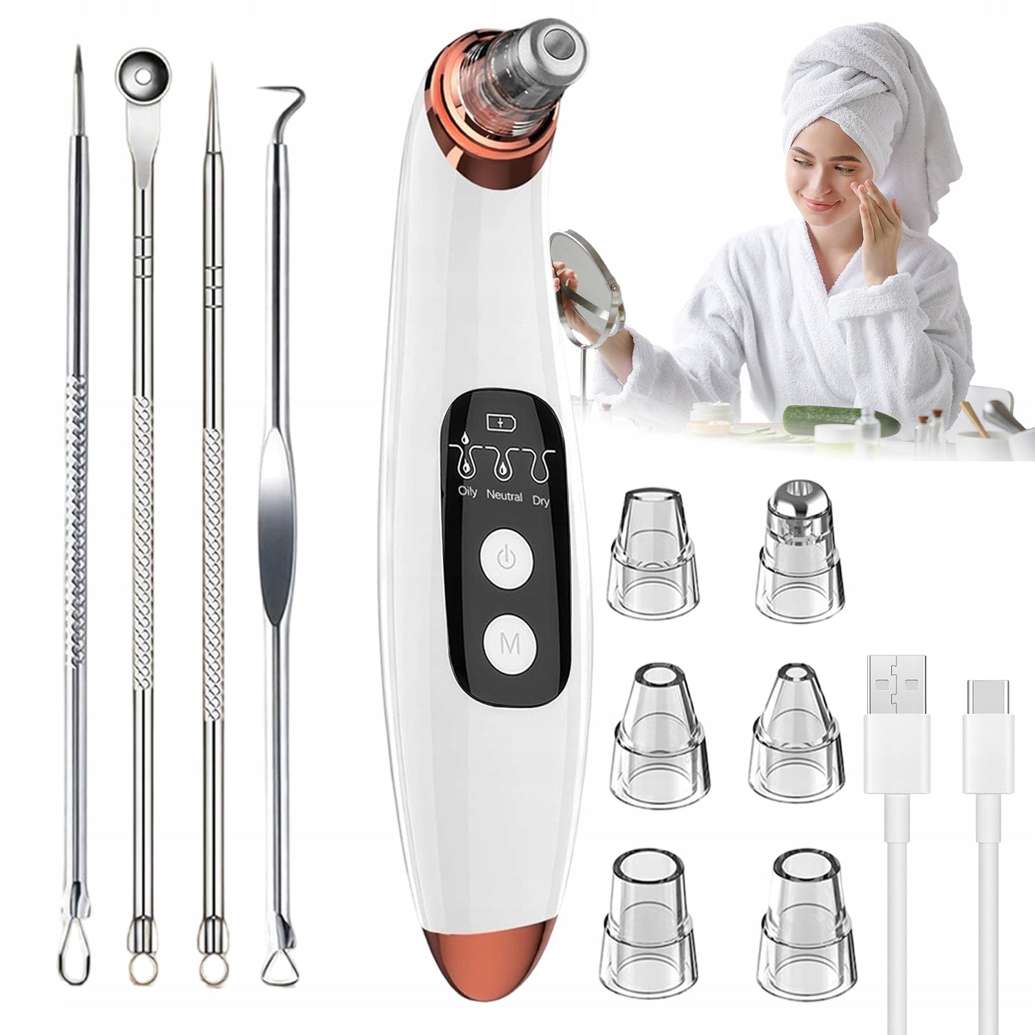 BLACKHEAD PORE VACUUM CLEANER 6 SUCTION TIPS 3 LEVELS OF USB POWER