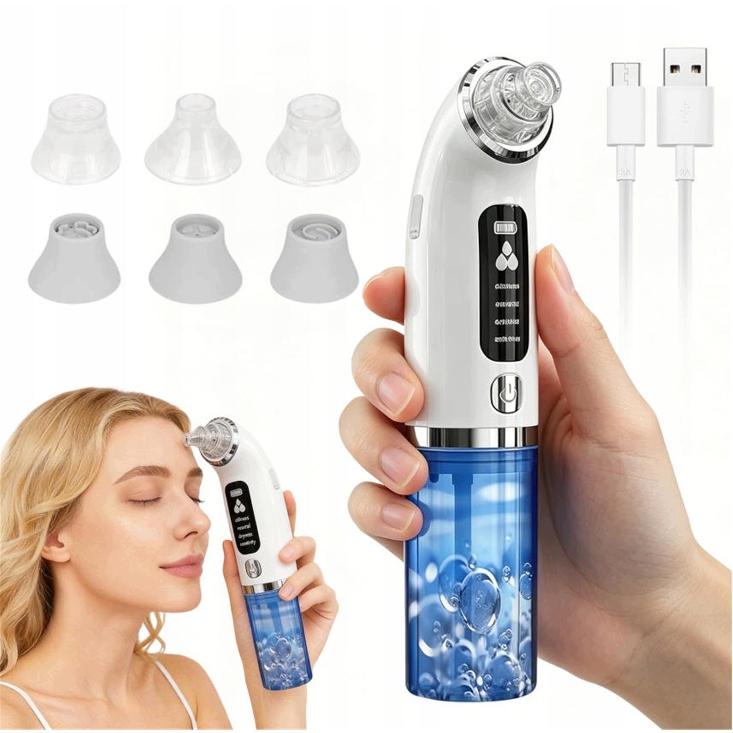 BLACKHEAD VACUUM CLEANER WATER PURIFIER PÓW 4 MODES 6 TIPS WHITE USB