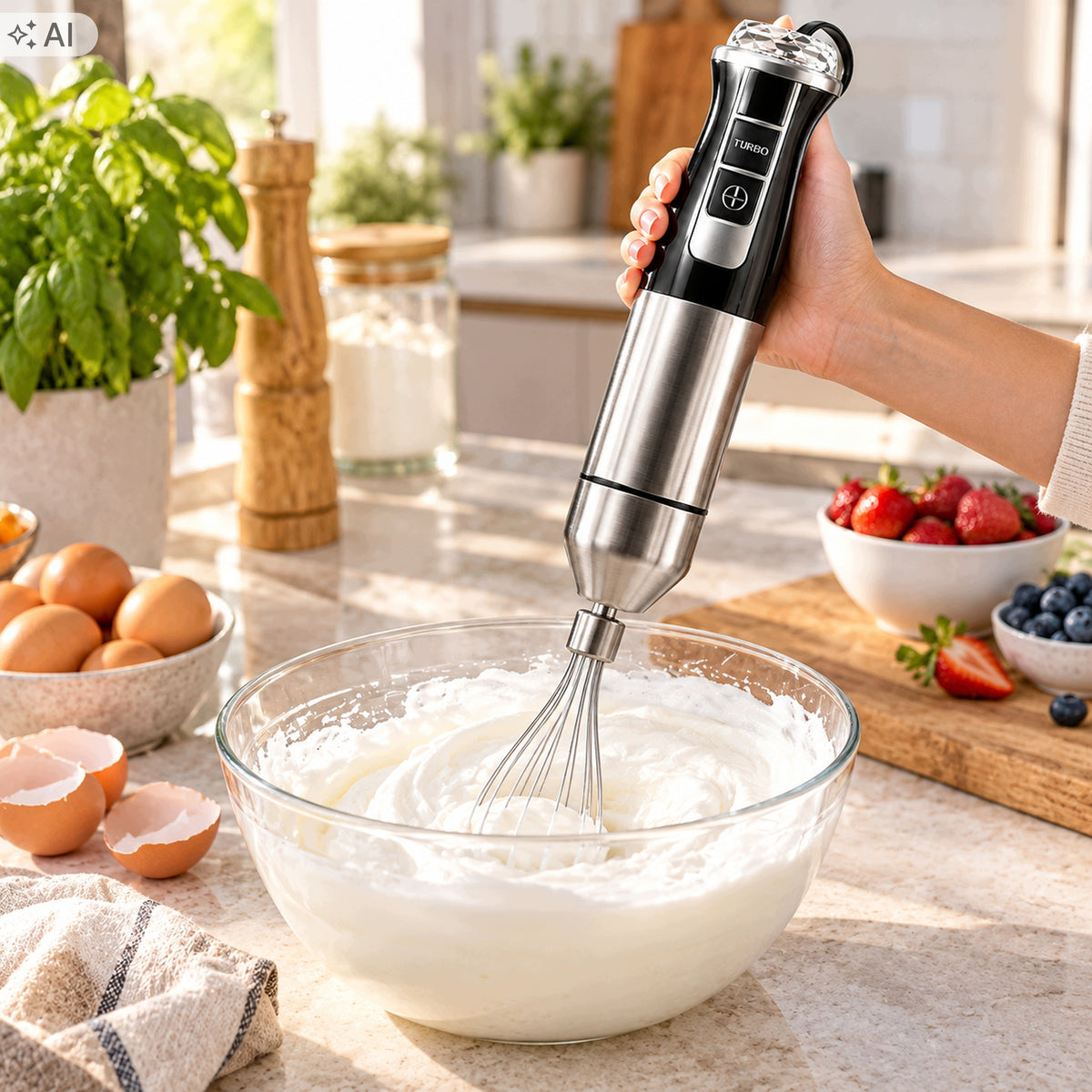 BLENDER HANDHELD MULTIFUNCTIONAL 7in1 MIXER 21 MODES SPEED TURBO 1500W Manufacturer code 4 TYTANOWE OSTRZA SREBRNY WYMIENNE KOŃCÓWKI