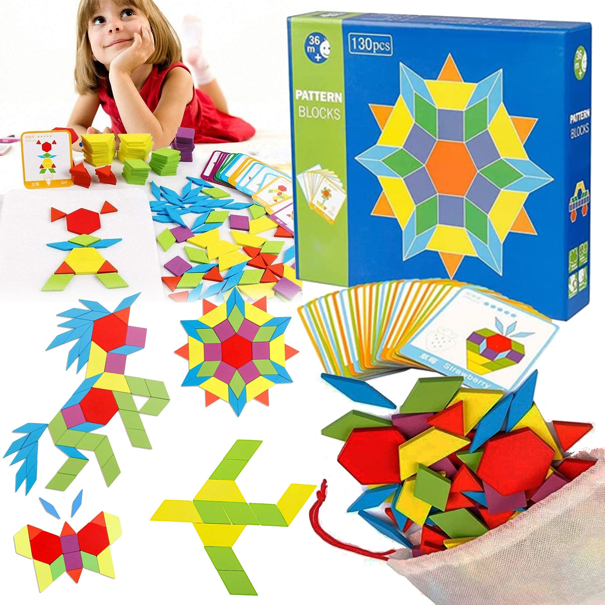 BLOCKS WOODEN PUZZLE GAME CREATIVE MOSAIC MONTESSORI 155 EL.