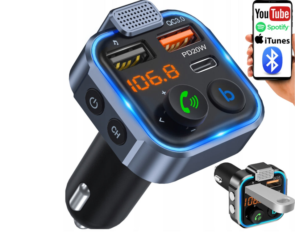 BLUETOOTH AUDIO TRANSMITTER FM MP3 BT FAST CHARGER 3X USB QC 3.0 RGB