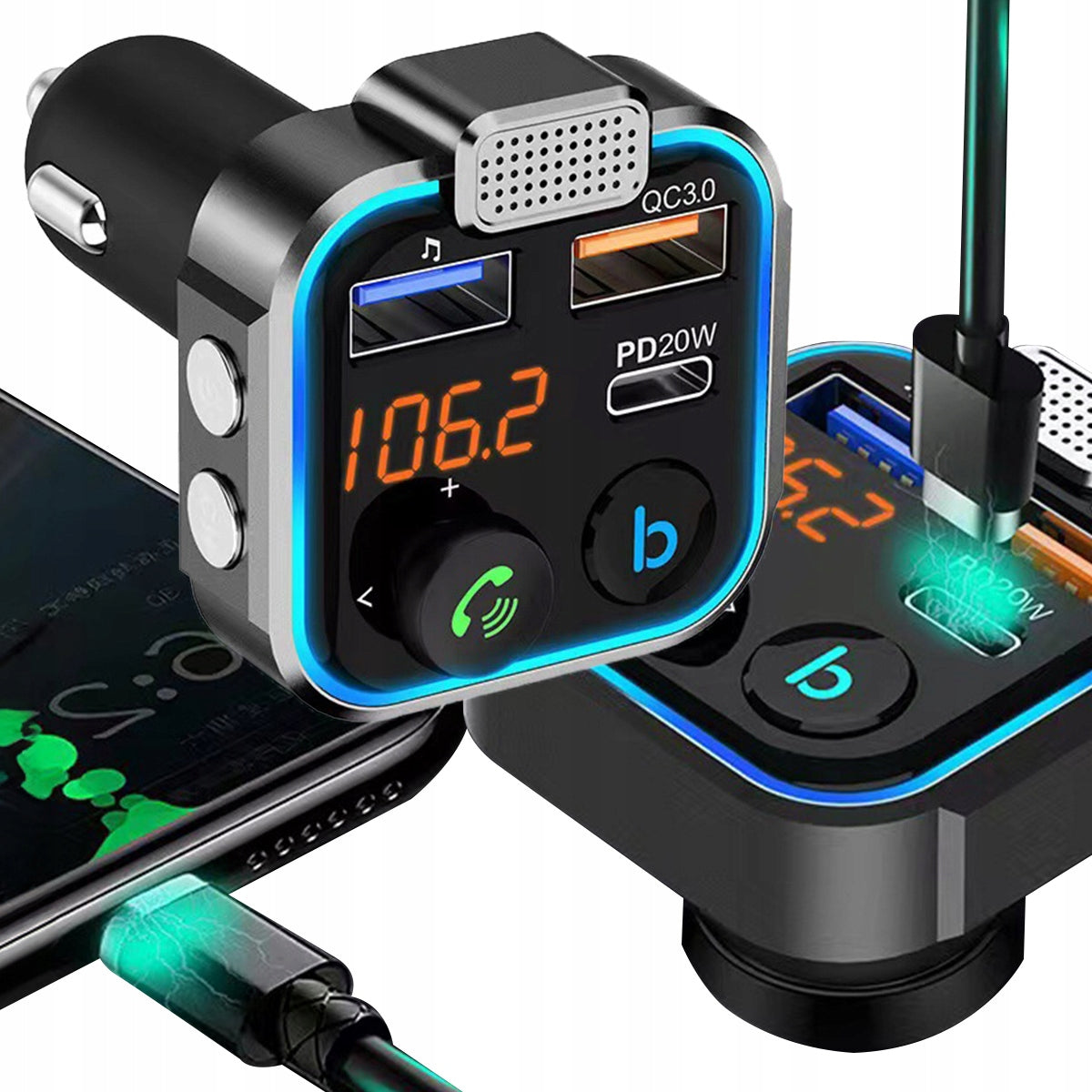 BLUETOOTH AUDIO TRANSMITTER FM MP3 BT FAST CHARGER 3X USB RGB QC 3.0 LED