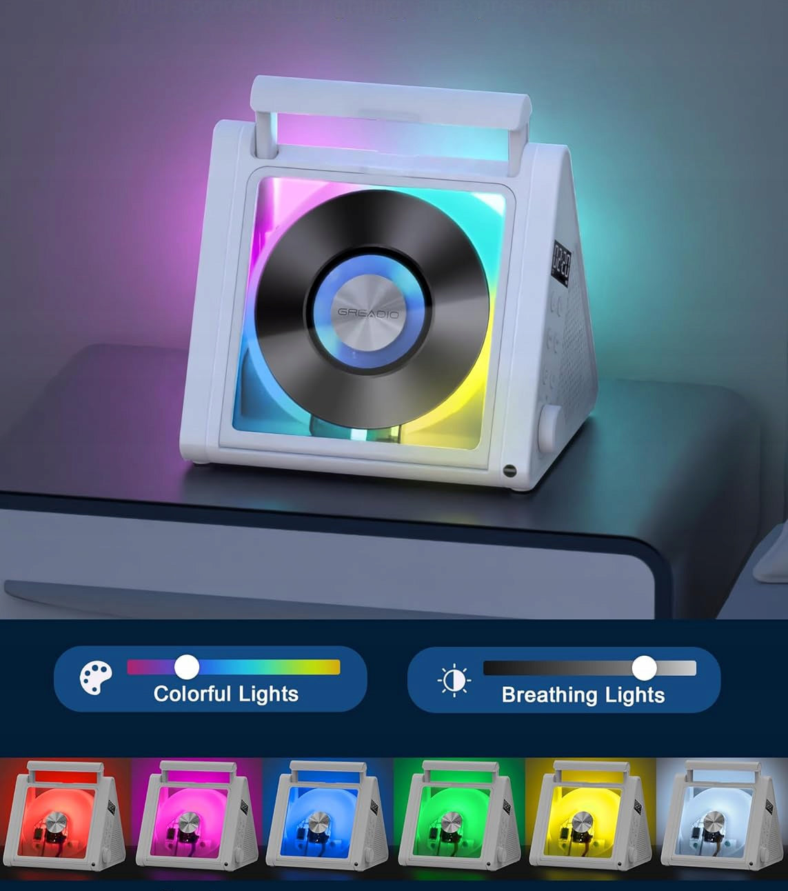 BLUETOOTH CD PLAYER PORTABLE RADIO FM DISCMAN MP3 SPEAKERS RGB 6-COLOR Manufacturer code CD02