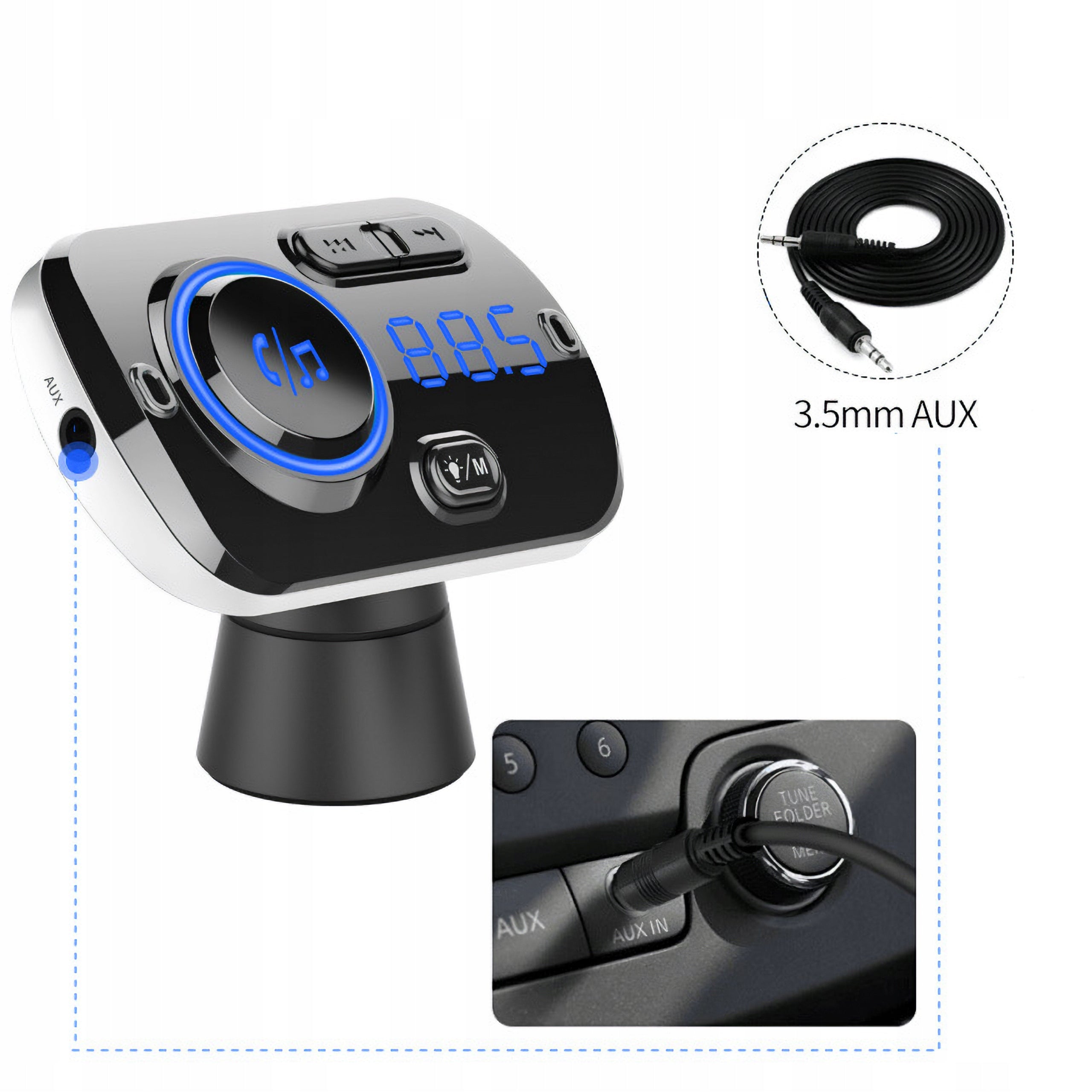 BLUETOOTH FM CAR TRANSMITTER 2X FAST USB-C AUX CHARGER TALK Manufacturer code aux sd 5.0