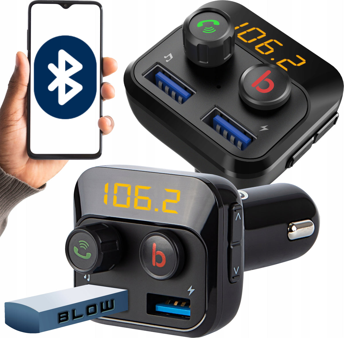 BLUETOOTH FM TRANSMITTER CAR CHARGER POWERFUL BASS FM 2xUSB SD 12-24V