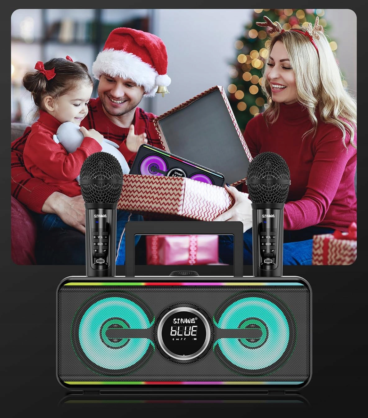 BLUETOOTH KARAOKE SPEAKER MACHINE WITH 2 WIRELESS MICROPHONES COLOR LED Manufacturer code SD-216