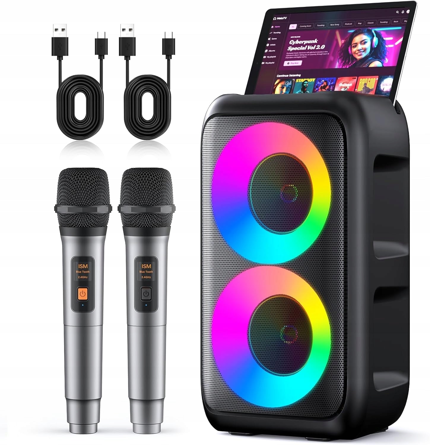 BLUETOOTH KARAOKE SPEAKER MACHINE WITH 2 WIRELESS MICROPHONES COLOR LED
