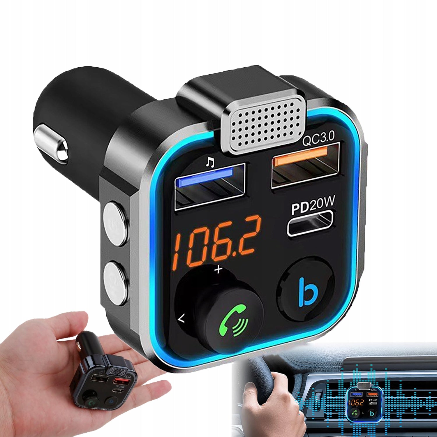 BLUETOOTH TRANSMITTER 5.1 FM USB CHARGER PD 20W QC 3.0 STRONG BASS MICROPHONE