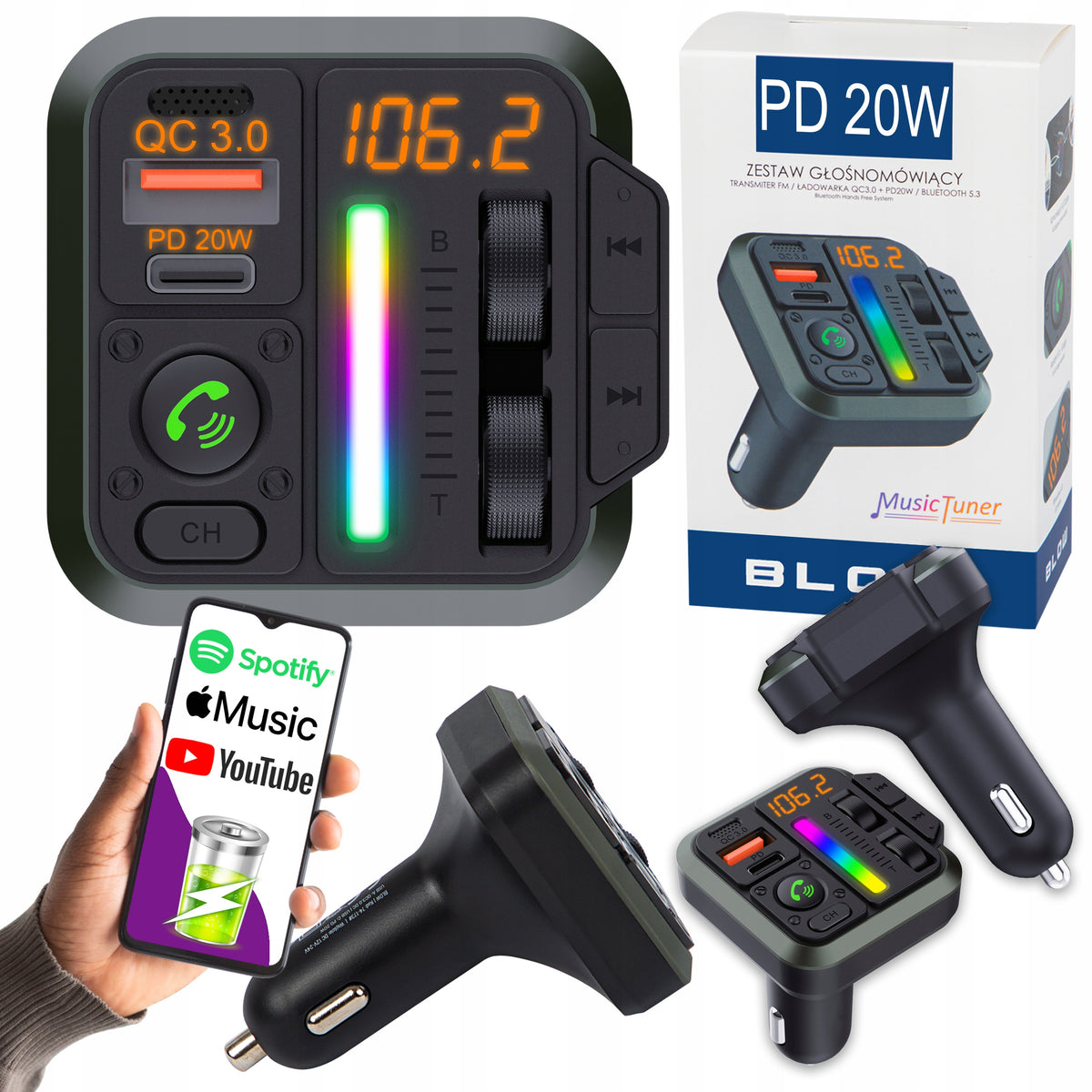 BLUETOOTH TRANSMITTER 5.3 CAR FM SPEAKERPHONE QC 3.0 PD20W