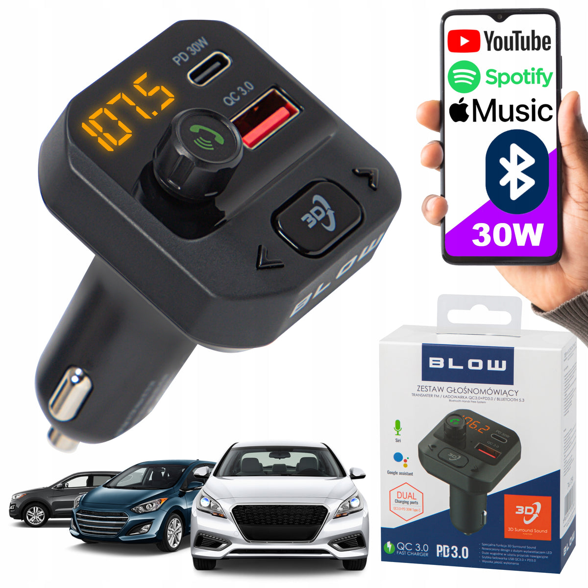 BLUETOOTH TRANSMITTER FM CAR CHARGER STRONG BASS FM USB-C PD QC3.0