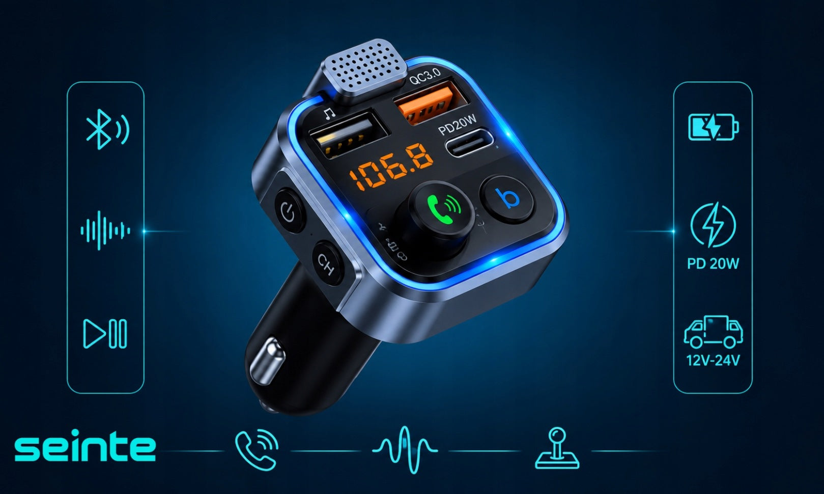 BLUETOOTH TRANSMITTER FM CAR USB-A USB-C CHARGER MP3 ADAPTER QC3.0 Manufacturer code SEINTE TRANSMITER XC200