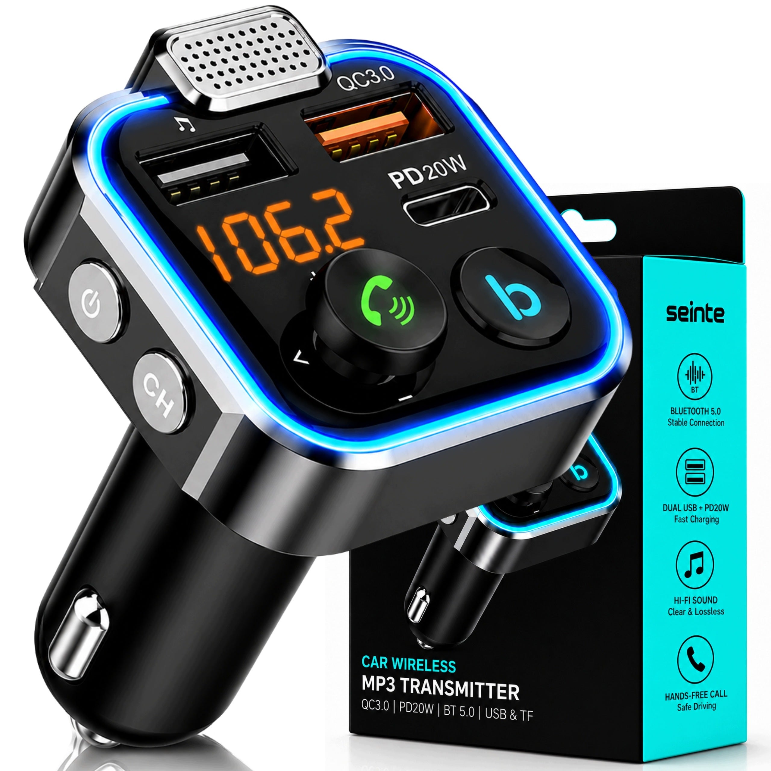 BLUETOOTH TRANSMITTER FM CAR USB-A USB-C CHARGER MP3 ADAPTER QC3.0
