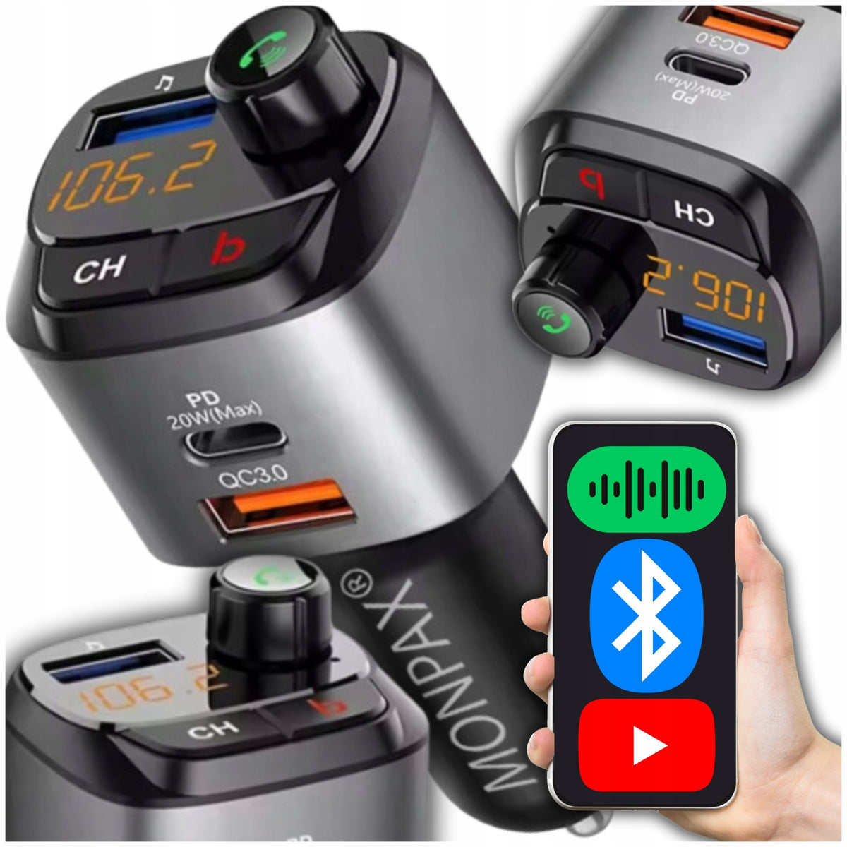 BLUETOOTH TRANSMITTER STRONGEST FM CAR CHARGER USB-C KIT