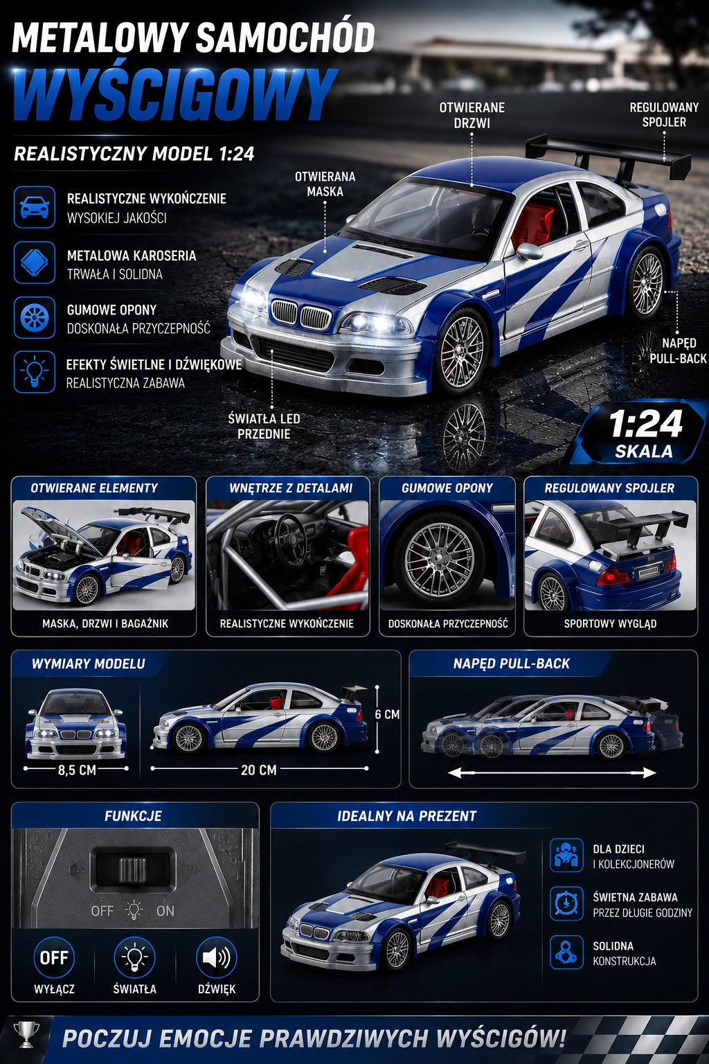 BMW M3 GTR E46 1:24 Most Wanted Metal Auto LED Sound Model Gift Packaging status original