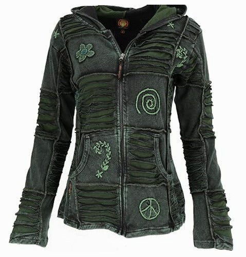 BOHO PATCHWORK JACKET WITH HOOD COTTON OLIVE FOR WOMEN