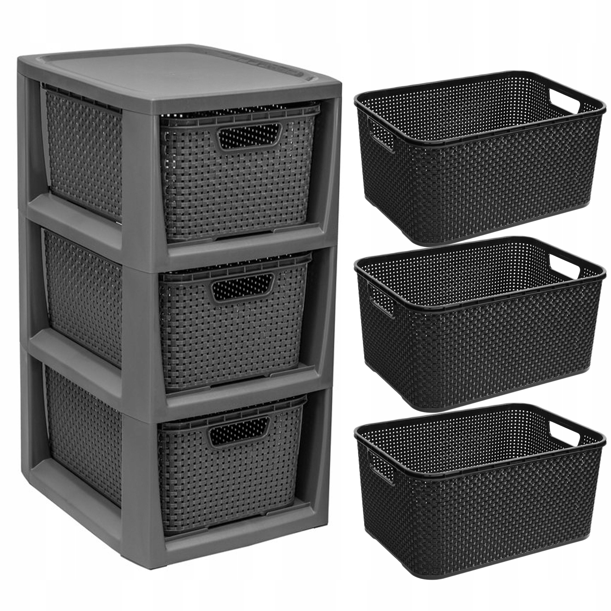 BOOKCASE CHEST OF DRAWERS BATHROOM CABINET SHELF WITH 3 BASKETS RATTAN BRANQ QUALITY